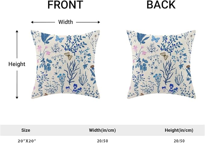 AEIOAE Summer Pillow Covers 20x20 Inch Set of 2,Blue Wild Flower Plant Throw Pillows Case,Seasonal Floral Outdoor Decorative Square Linen Farmhouse Decor Cushion Covers for Home Sofa Bed Couch