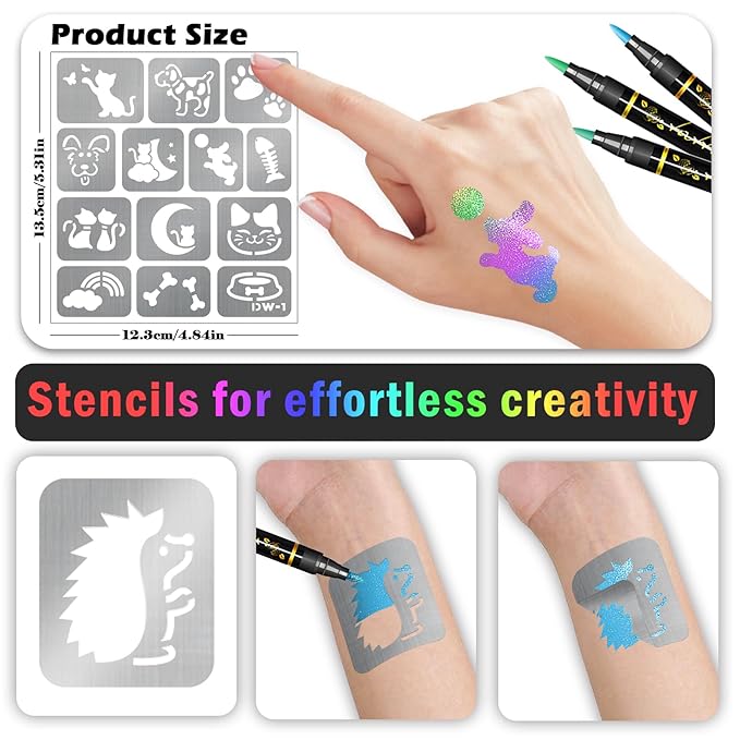 Temporary Tattoo Markers for Kids, 8 Metallic Markers and 135+ Temporary Tattoo Stencils for Christmas Party Favor, Cosmetic Tattoos Pens for Skin, Cartoon Animal