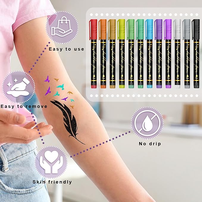 Temporary Tattoo Markers for Skin, 12 Metallic Body Markers for Temporary Tattoo Stencils for Kids Adults, Flexible Brush Tip, Bright Colors, Cosmetic Tattoos Pens for Kids Adults, DIY Body Art Set