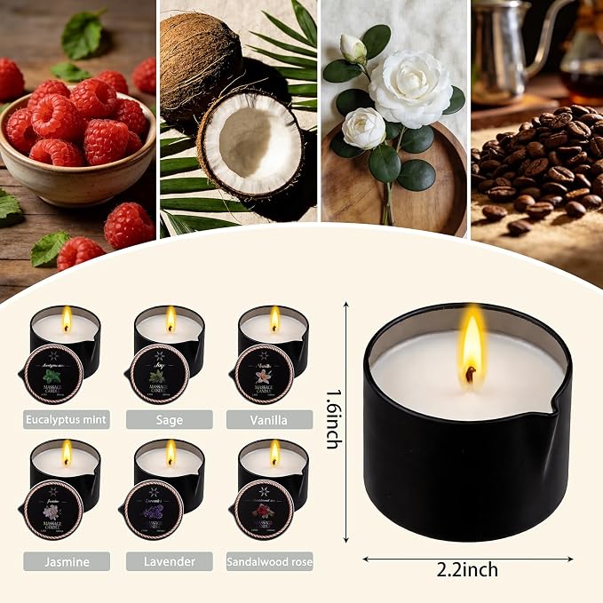 6 Pack Low Temperature Massage Oil Candle Set - Soy Wax that Melts Into Skin Nourishing Body Oil Massage Candle for Home Spa, Massage Therapy, Relaxation - Natural- 2.35 oz Each
