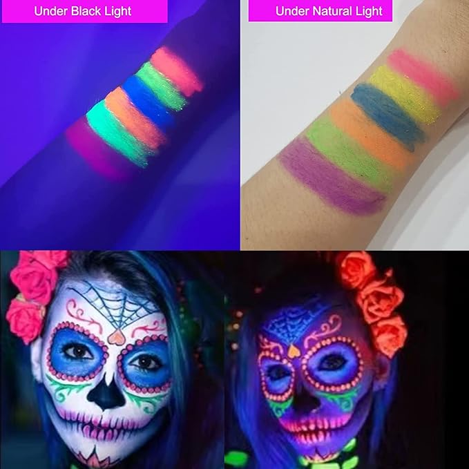 12 Pcs Glow in The Dark Face Body Paint, UV Black Light Glow Makeup Kit for Kids Adult, Non-Toxic Fluorescent Face Paints Crayons for Birthday Party Halloween Masquerade Makeup