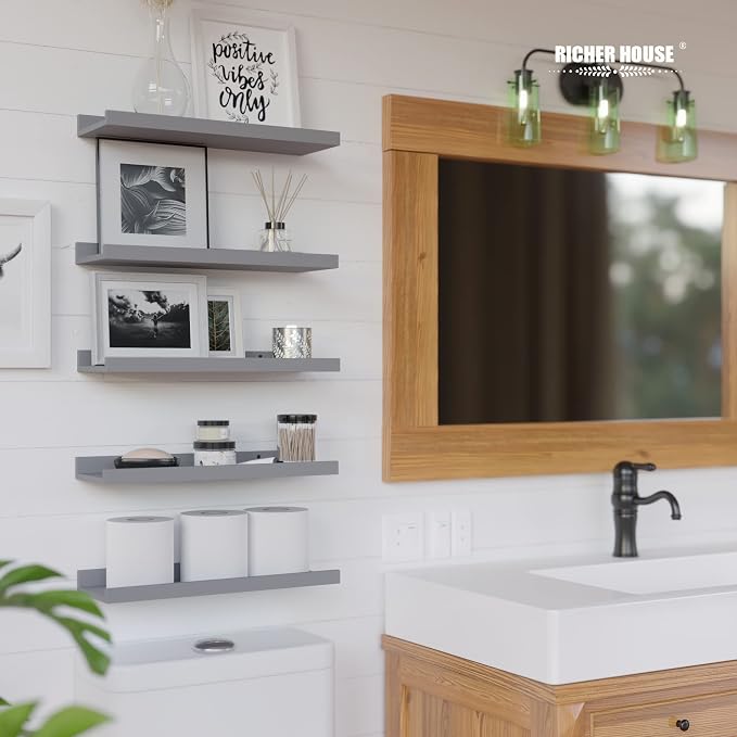 RICHER HOUSE 5-Set Floating Shelves with Lip, Grey Wall Mounted Wood Shelf | Display Picture Ledge Shelf, Anti-drop lip Shelf for Room Wall Decor, Bedroom Bathroom Storage Nursery Books, Easy Setup 16in