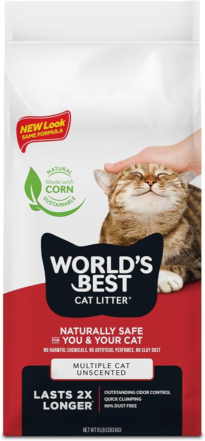 World's Best Cat Litter, Multiple Cat, Unscented, Lasts 2X Longer, 8 lb Bag | Controls tough multi-cat odors and lasts 2x longer; natural corn litter, quick clumping, flushable, 99% dust free