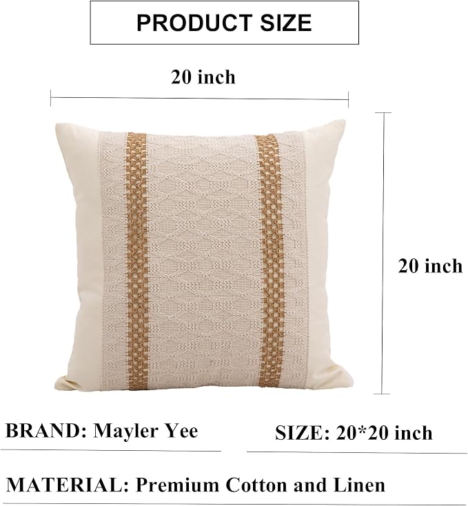 Throw Pillow Covers 20 x 20 Inch 1PC for Farmhouse Living Room, Cotton & Burlap Textured Striped Woven Boho Pillow Covers (Beige & Brown, Double Striped)