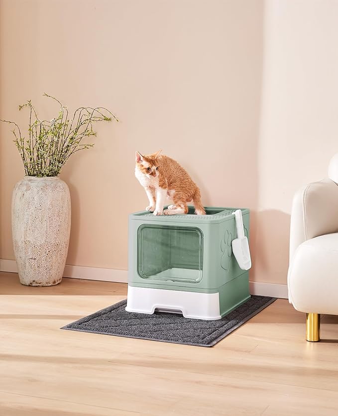 Medario Cat Litter Box with X-Large Litter Mat and Scoop(Upgrade Green) | Large Covered Litter Box with Lid, Enclosed Kitty Box,Front Top Entry Exit, Odor Control Easy to Clean