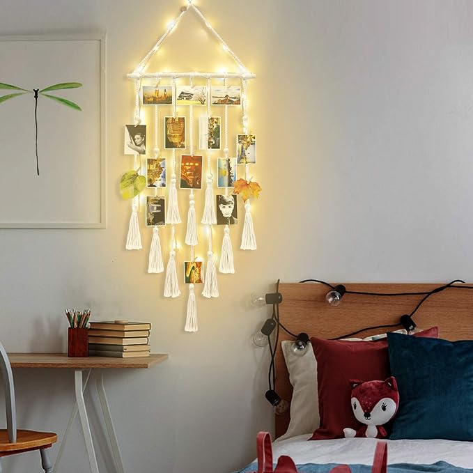 Hanging Photo Display Wall Decor, Macrame Wall Hanging Boho Room Bedroom Decor, Picture Frame Collage Board with Light 30 Clip, Christmas Teenage Teen Girl Gifts Ages 10 11 12 13 14 Years Old