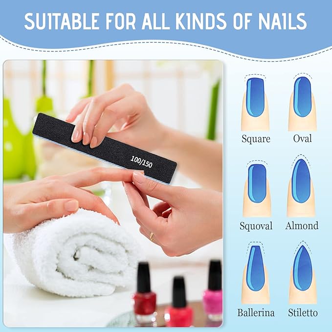 12 Pcs Double Sided Emery Boards 100/150 Grit for Acrylic/Gel Nails - Washable Finger File Boards for Home and Salon Use