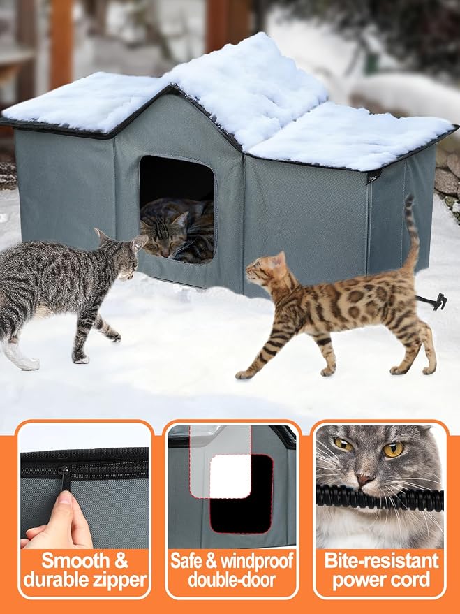 Weatherproof Heated Cat Houses for Outdoor Cats - Insulated Cat Shelter for Winter with Thermostatic Heating Pad and Escape Door, Warm Outside Pet House Gift for 3-4 Feral Cats (X-Large)