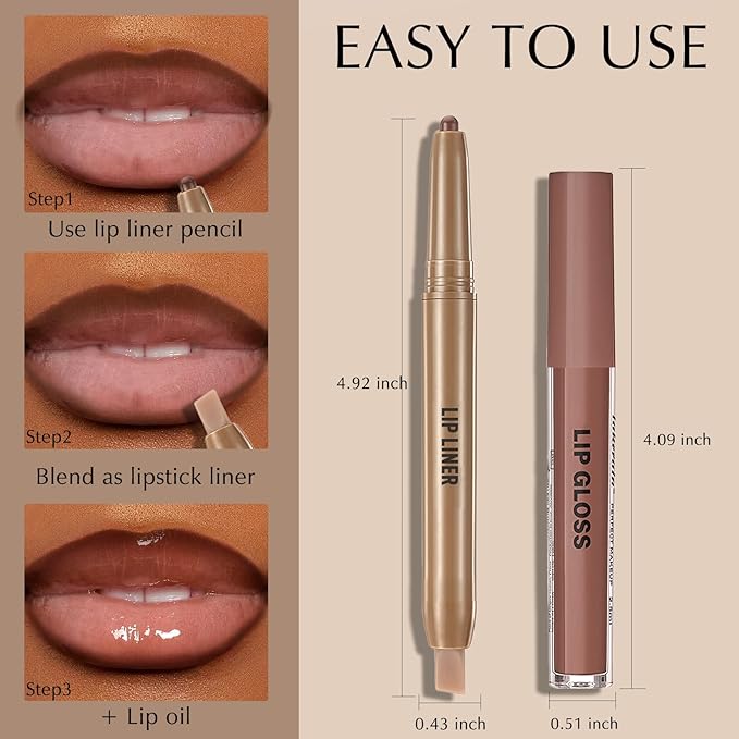 Brown Lip Liner and Gloss Kit, Matte Lip Liner Pencil with Silicone Brush for Lips Contour, Moisturizing Lightweight Non-Sticky Lip Gloss for Women High Shine Liquid Lipstick Makeup, Set C8
