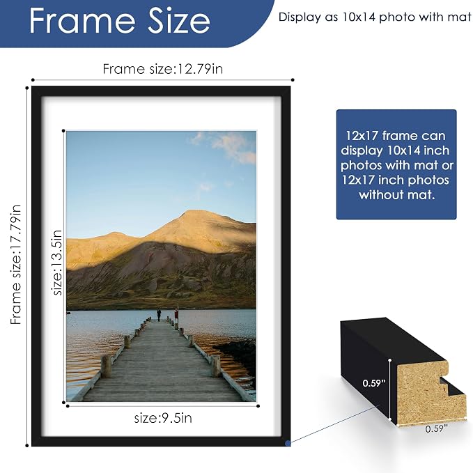 12x17 Picture Frame Set of 6, Wall Mount Display, Black | Display Pictures 10x14 with Mat or 12x17 Without Mat, Horizontal or Vertical, Gallery Wall Frame Set, Wedding Birthday Gifts