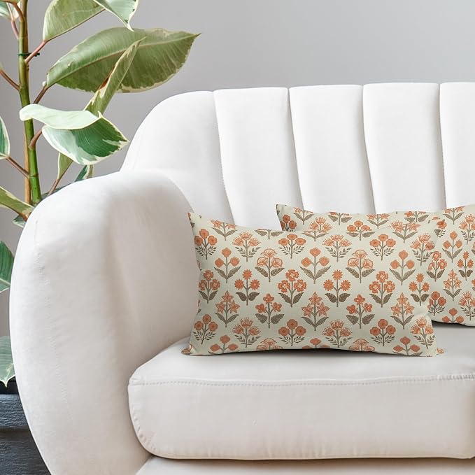 Brown Orange Floral Pillow Covers 12x20 Inch Set of 2, Block Print Lumbar Flower Cream Decorative Throw Pillowcases Outdoor Farmhouse Rectangle Cushion Covers Spring Summer Sofa Couch Bed Decor