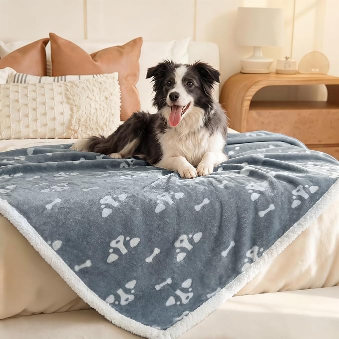 Luciphia Waterproof Dog Blanket Reversible Sherpa Fleece for Large Dogs Cat | Soft Print Pet Blanket Washable Pee Proof, Furniture Protector for Couch Sofa Bed Car, Cozy Throw(85" x 57", Grey)