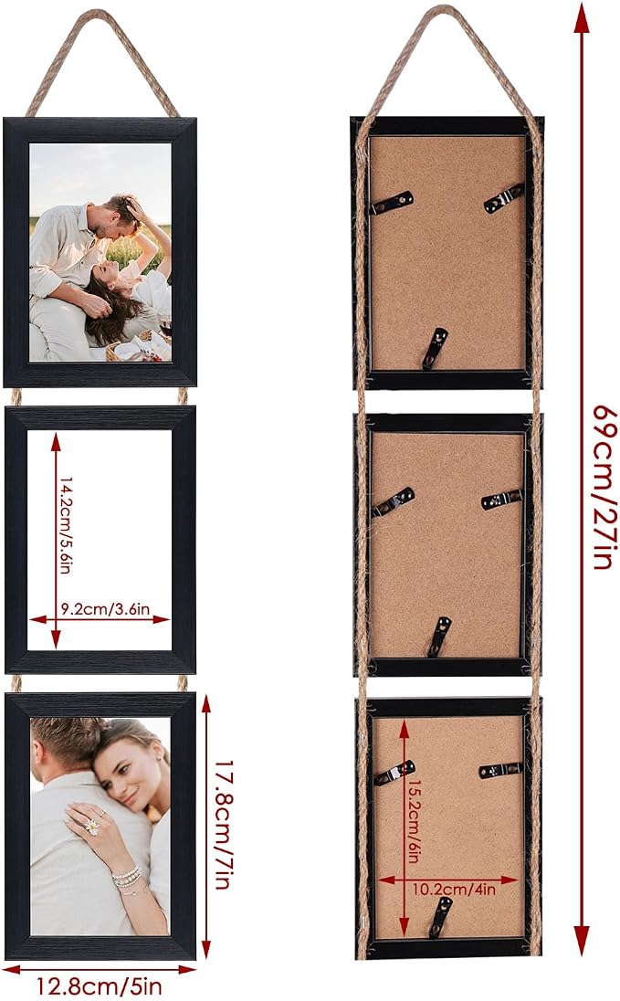 QUTREY 4x6 Picture Frames Collage Black, 3 Openings 4 x 6 Vertical Hanging Photo Frames Display 4 by 6 inch Pictures for Wall Decor