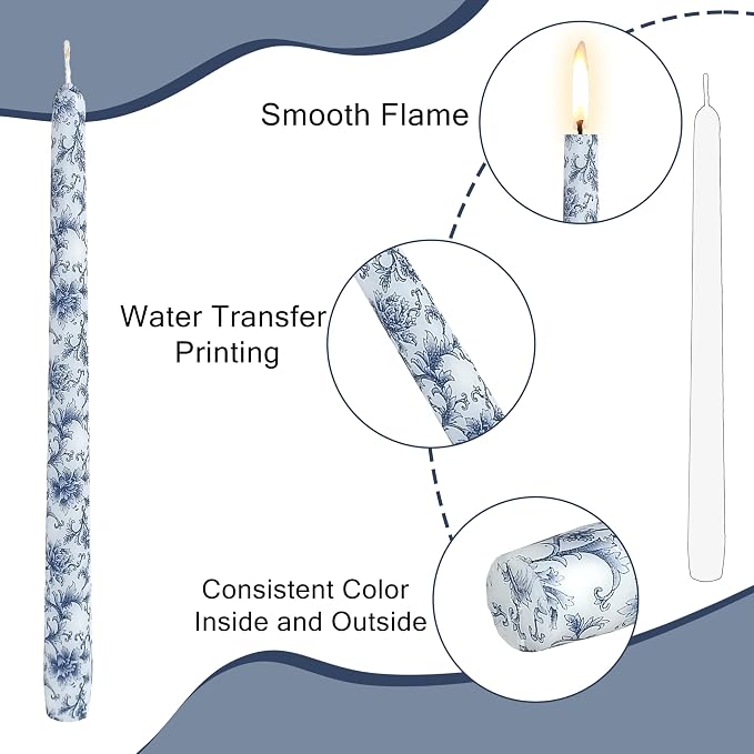Handmade Printed Candles 10 in Long Candle Sticks Unscented Candle Blue and White Porcelain Pattern Candles for Home Wedding Dinner Holiday Party