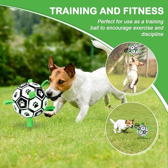 Dog Soccer Ball with Straps, Interactive Tug of War Dog Toy for Small Medium Dogs, Puppy Outdoor Yard Water Toy, Birthday Gift Boredom Buster Jolly Ball for Pets(8 Inch)