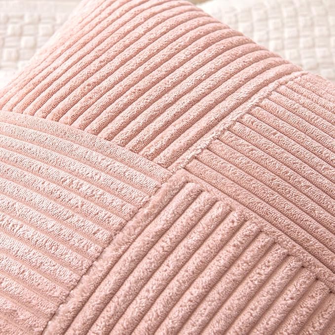 MIULEE Pink Decorative Throw Pillow Covers for Couch 18x18 Inch | 2 Pack, Boho Farmhouse Pillow Covers, Soft Cross Corduroy Patchwork Textured Cushion Cases For Bed Sofa