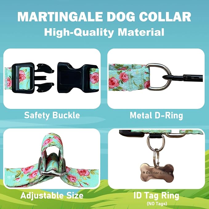 Martingale Collar for Dogs with Buckle No Pull, Green Rose, Small