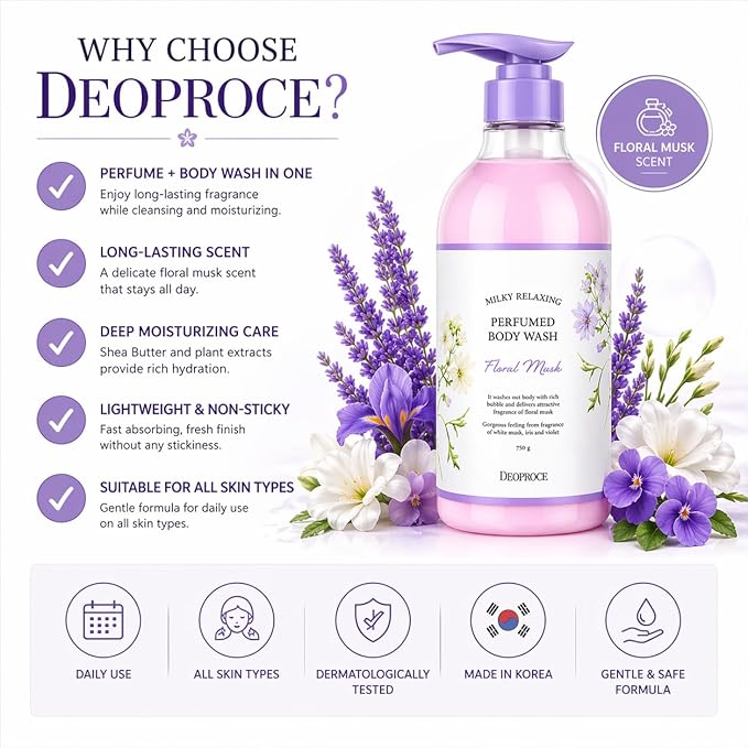 Deoproce Milky Relaxing Perfumed Body Wash 25.36 OZ Floral Musk Lightweight Cleansing Body Wash with White Musk Iris Violet Scent for Daily Body Care