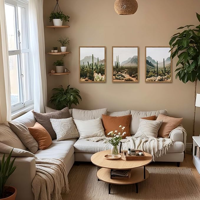 Framed Desert Landscape Wall Art Set of 3, Vintage Southwestern Cactus Wall Decor Paintings, Mexican Mountain Botanical Pictures Canvas Prints for Living Room Bedroom Bathroom Office 12x16 inch