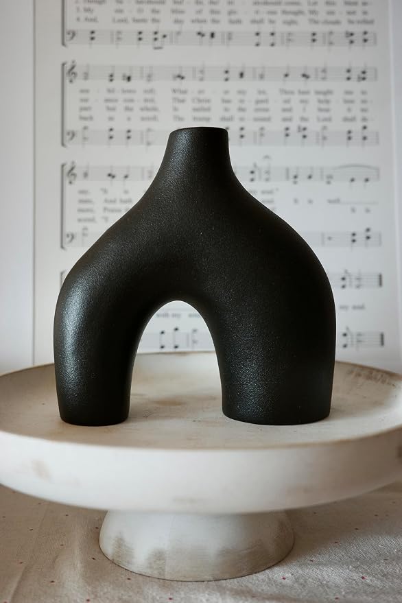 Carrot's Den Black Ceramic Modern Vase Set of 2, Donut Shelf Decor, Black | Pair for bookshelf and bookcase decor, mantel styling, or home staging. Holds dried stems and faux plants indoor.
