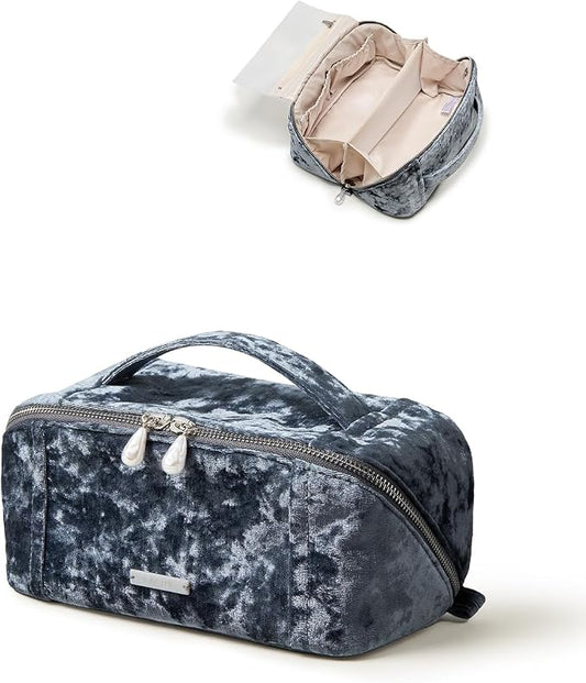 EACHY Travel Makeup Bag, Large Capacity Cosmetic Bag for Women, Waterproof PU Leather, Flat Open Portable Toiletry Bag for Skincare, Brushes & Travel Essentials
