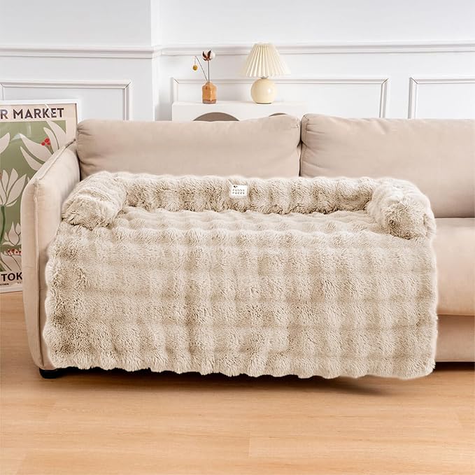 Dog Couch Bed, Calming Luxurious Large Pet Sofa Cover Washable | Comfort Dog Sofa Mat for Extra Large Dogs, Faux Rabbit Fur, Raised Protective Bolster, Non-slip Bottom, 47"×33.5"×6", Coffee