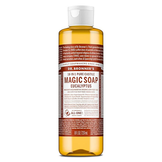 Dr. Bronner's Pure-Castile Magic Soap Liquid (Eucalyptus, 8 Ounce) - Made with Regenerative Organic Certified Oils, 18-in-1 Uses: Face, Body, Hair, Laundry, Pets and Dishes, Concentrated, Vegan