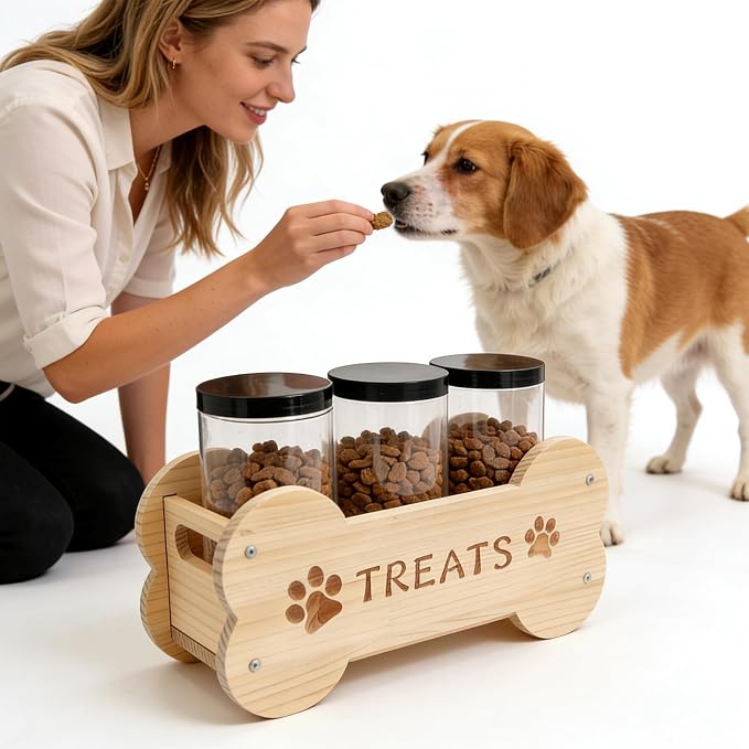 Dog Treat Storage Containers with 3 Plastic Jars Wooden Pet Food Dispenser DIY Painting on Wood for Dogs Puppies Food Storage Solution Kitchen Space-Saving and Gift for Dog Owners