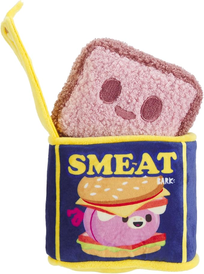 BarkBox Canned Smeat Dog Toy - 2-in-1 - Toy for Extra Small to Small Dogs | Plush Set with 2 Squeakers & Crinkle | Multi-Part Squeak