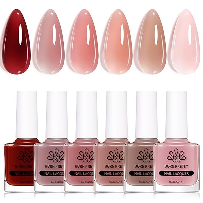 Born Pretty Jelly Nail Polish Set, 6 Colors Sheer Nude Natural Red Pink Brown Colors Quick Dry Nail Polish Jelly Transparent Spring Summer Fingernail Polish for DIY Nail Art Salon Home Gifts