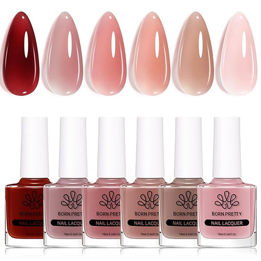 Born Pretty Jelly Nail Polish Set, 6 Colors Sheer Nude Natural Red Pink Brown Colors Quick Dry Nail Polish Jelly Transparent Spring Summer Fingernail Polish for DIY Nail Art Salon Home Gifts