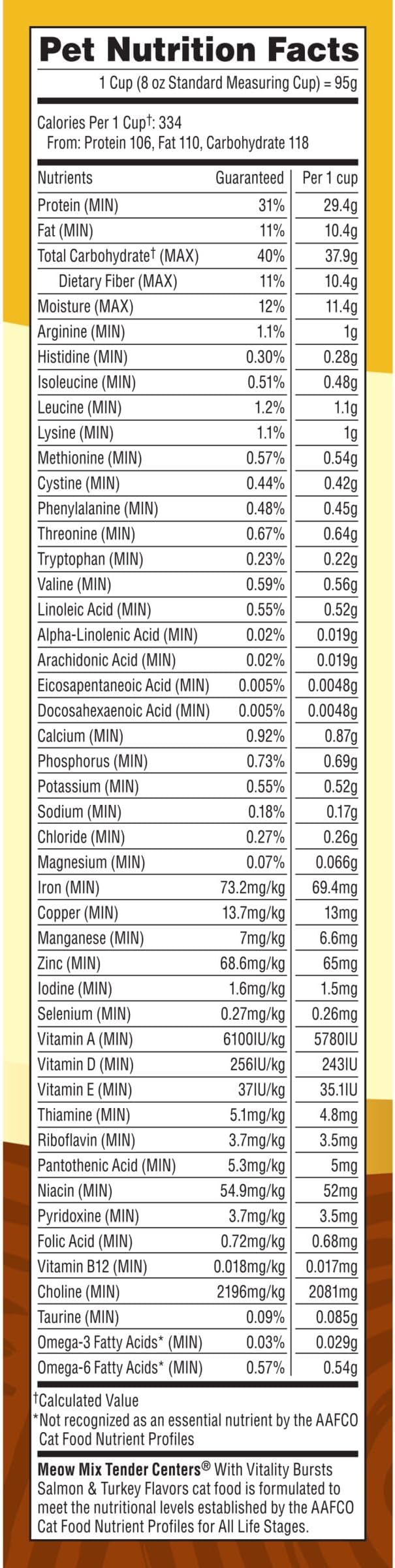 Meow Mix Tender Centers, Dry Cat Food, Salmon & Turkey Flavors, 4 Bags | 3-lb bags, two texture kibble with vitality bursts, meaty center surrounded by a crunchy outer layer