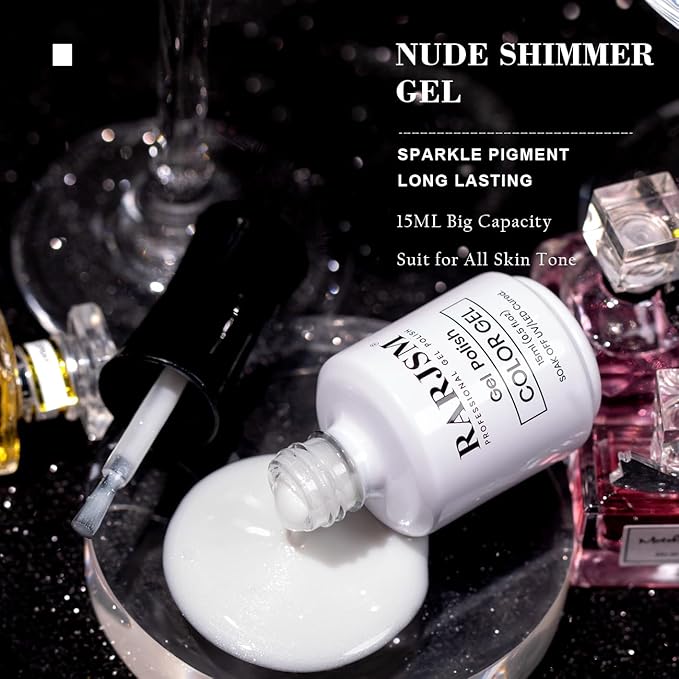 RARJSM Milky White Gel Nail Polish with Glitter Silver Shimmer Pigment Jelly Cream White Nude Gel Polish Neutral Color 15ml Sparkle Natural Color Soak off U V L E D Cured for Home Salon DIY Nail Art