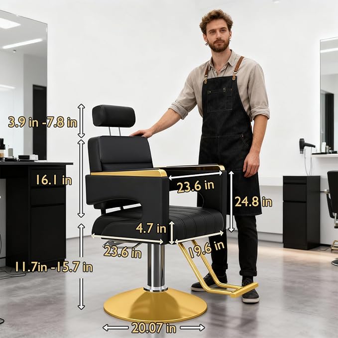 Professional Barber Salon Chair with Stainless Steel Armrests & Reclining Backrest, Hydraulic Pump Stylist Chair with 360° Swivel & Adjustable Height, Black+Gold
