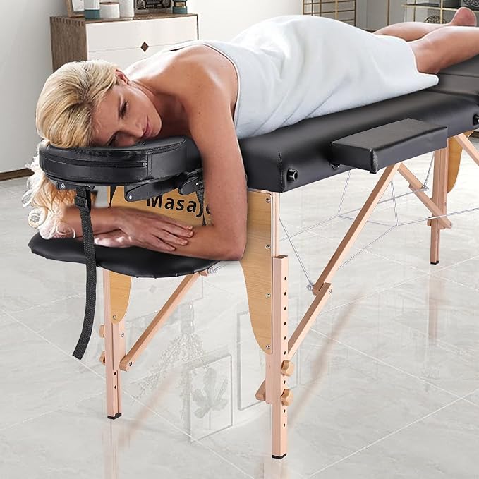 Portable Massage Table Massage Bed Professional SPA Reiki Eyelash Salon Bed, Wooden Frame Height Adjustment & Accessories, Black (3-Section)