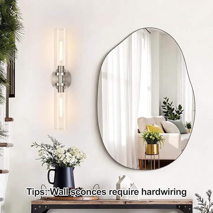 Indoi Brushed Nickel Wall Sconces, Hardwired Bathroom Sconces Vanity Light with Clear Glass, Modern Bathroom Vanity Lights fixtures for Mirror Bedroom Living Room Hallway Kitchen