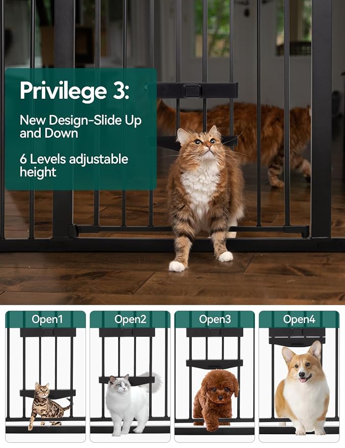 Babelio 36" Tall Baby Gate with Cat Door, CatPrivilege II, 29-40" | 6-Level Adjustable Metal Pet Gate, Auto-Close Safety Gates with Pet Door, Easy Walk Thru, Black