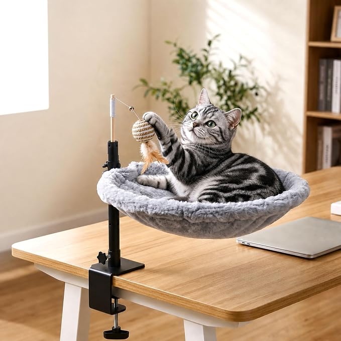Cat Desk Bed Hammock for Home Office 360° Rotatable Cat Perch | Washable Mesh & Faux Fur Covers, Holds 40 lbs, Space-Saving Cat Furniture for Indoor Cats & Large Pets Drill-Free Clamp