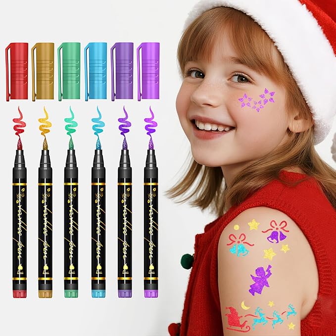 Christmas Temporary Tattoo Markers for Skin, 8 Metal Body Markers + 229 Temporary Tattoo Stencils for Kids Adult, Flexible Brush Tip, Bright Colors, Cosmetic-Grade Tattoo Ink for Girl Boy Party Favor