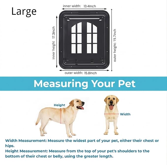 Large Dog Screen Door, 13 x 17 inches, Doggie Door for Screen Door, Magnetic Self-Closing Dog Cat Door with 4-Way Entry, Black (Large)