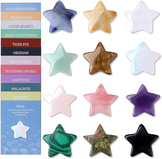 DUQGUHO Star Crystals and Healing Stones 1 inch Star Crystal Ornaments Set Energy Balancing Gemstones Meditation Polished Stone Christmas Ornaments Crystal Gifts for Women 12PCS