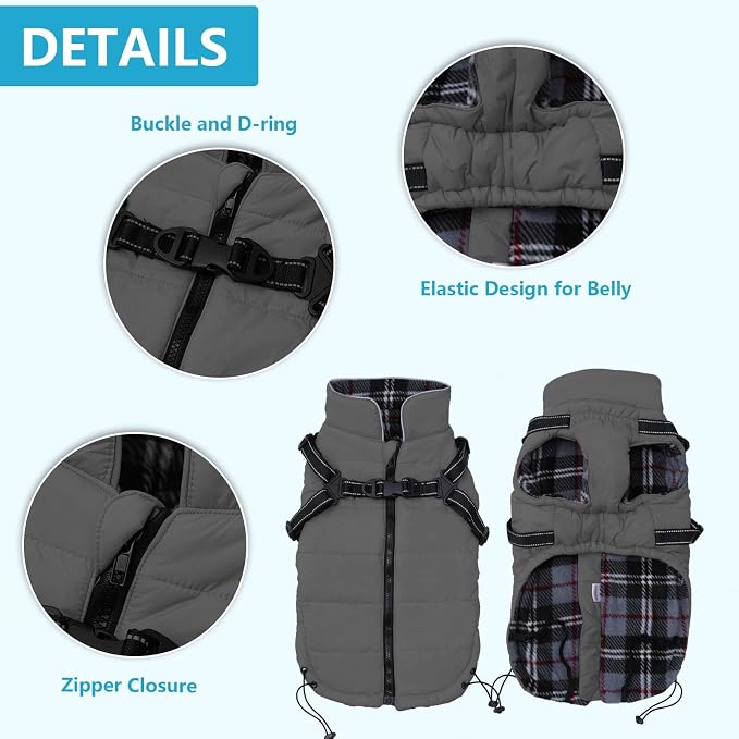 Geyecete Warm Waterproof Dog Coat With Harness Traction Belt - Pet Outdoor Autumn and Winter Jacket for Medium, Small Dogs - Gray - S