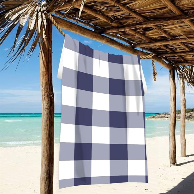 Navy White Checkboard Beach Towel, Microfiber Absorbent Quick Dry Swimming Yoga Beach Towels for Women, Men, Kids