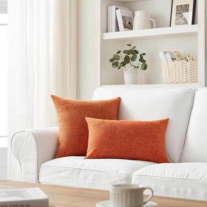 Meekio Set of 2 Burnt Orange Throw Pillow Covers 20x20, Fall Linen Blend Decorative Pillow Covers for Couch Sofa Bed, Fall Decorations for Home