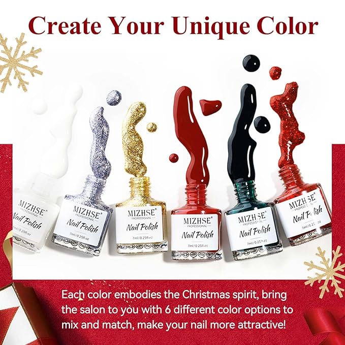 MIZHSE Quick Dry Christmas Nail Polish Set with Sticker, 6 Colors Red Green White Gold Sliver Sparkle Polish, Fast Drying Nail Polish Set Manicure Gift for Women