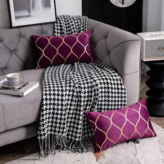 Gold Velvet Throw Pillow Covers Purple: 2 Pack 12x20 Inch Rectangular Decorative Pillow Cases for Bedroom Sofa Couch Living Room