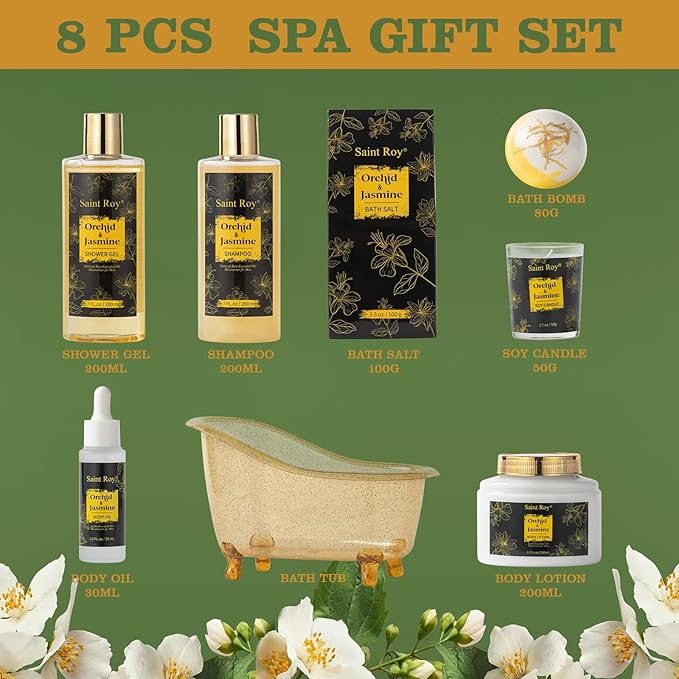 Mothers Day Home Spa Bath Gift Basket, Spa gift basket Christmas Gifts for Women men, Spa Kit Self-care Gifts, Spa Collection Gift, Orchid Jasmine Bath and Body Gift Pampering Spa Gifts Mother's Day