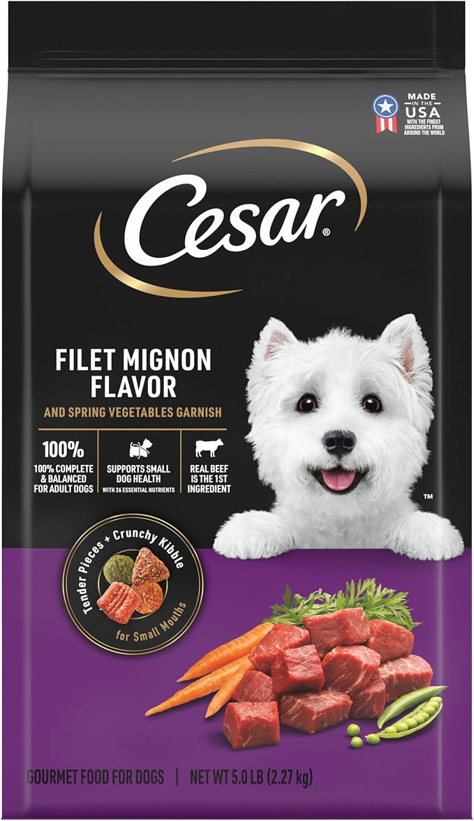 Cesar Small Breed Dry Dog Food, Filet Mignon & Spring Vegetable, 5 lb | Made in USA, Real beef #1 ingredient, 26 essential nutrients, supports small breed health, no artificial flavors