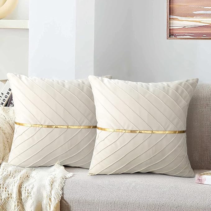 Velvet Throw Pillow Covers 18x18 inch Pack of 2 Gold Decor Beige | Soft Solid Pillow Covers,Modern Luxury Home Decor,for Couch Chair Sofa Bedroom Livingroom,Hidden Zipper,Ideal Gift,Easy Care
