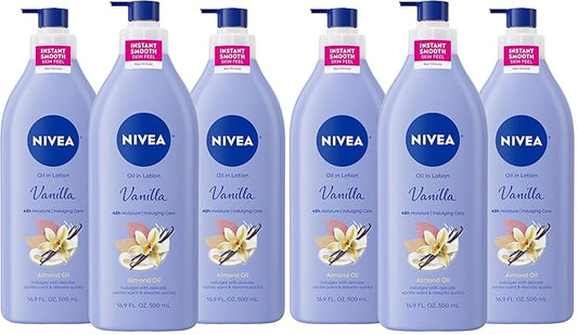 NIVEA Oil Infused Vanilla and Almond Oil Body Lotion for Women,Fast-Absorbing and Non-Greasy Vanilla Scented Lotion Moisturizes for 48 Hours,16.9 Fl Oz Pump Bottle,(Pack of 6)
